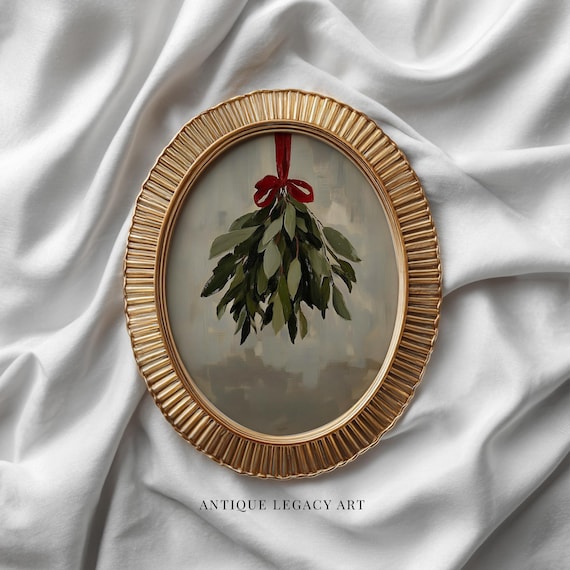 Vintage Hanging Mistletoe Red Bow Christmas Holiday Oil Painting Art Poster