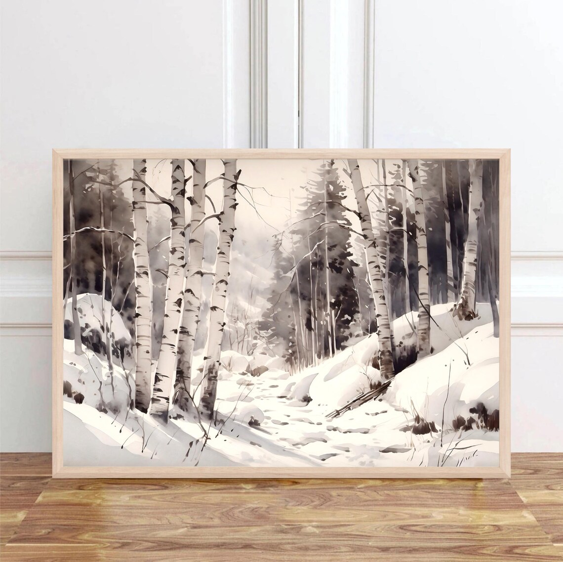 Snowy Aspen Grove Winter Forest Snow Drifts Watercolor Art Poster - Image 3