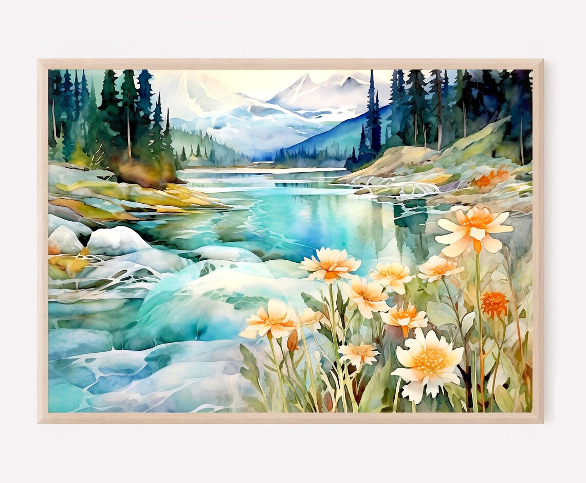 Mountain Landscape With Lake Meadow Flowers Art Print
