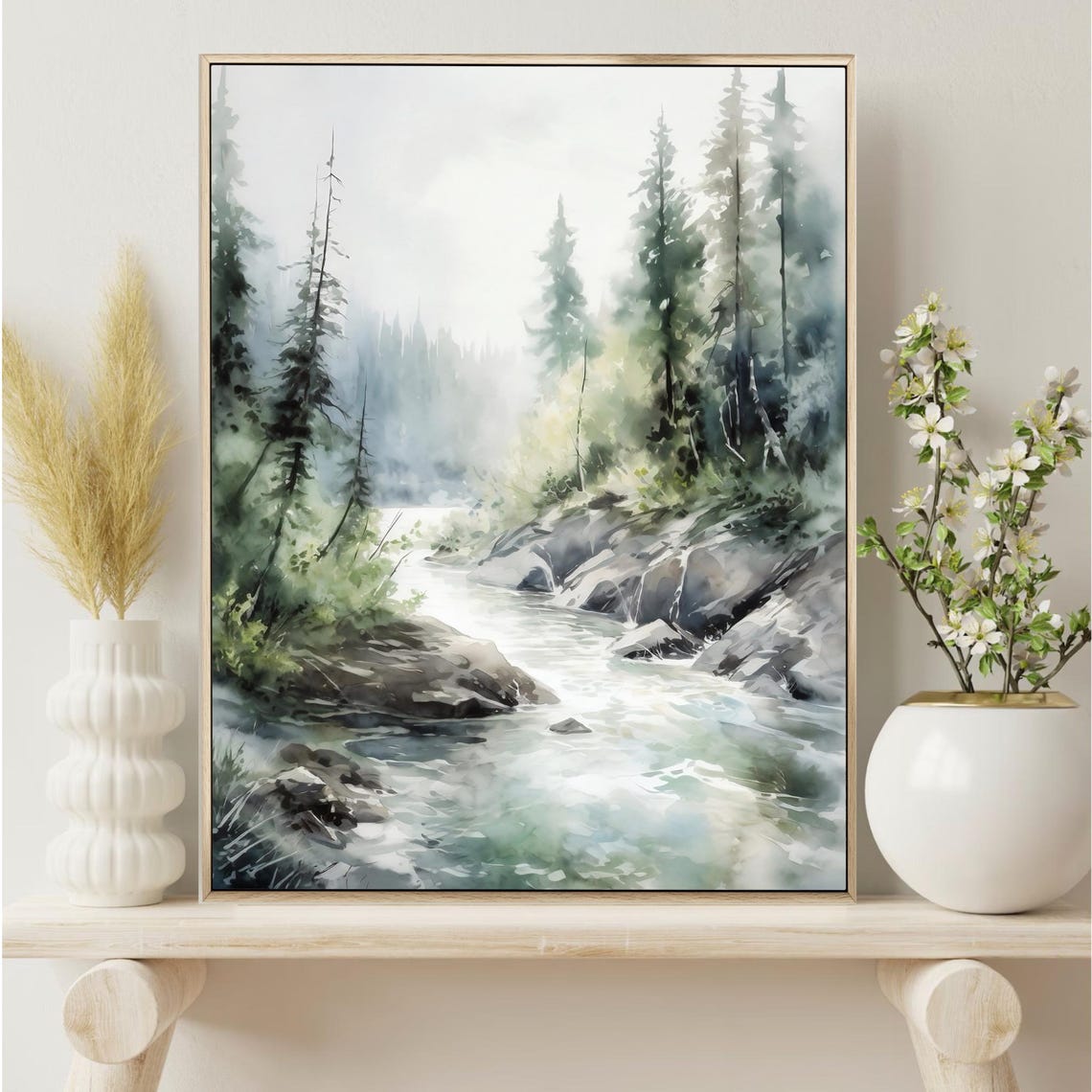 Misty Pine Forest River with Rocky Rapids Watercolor Landscape Poster - Image 2