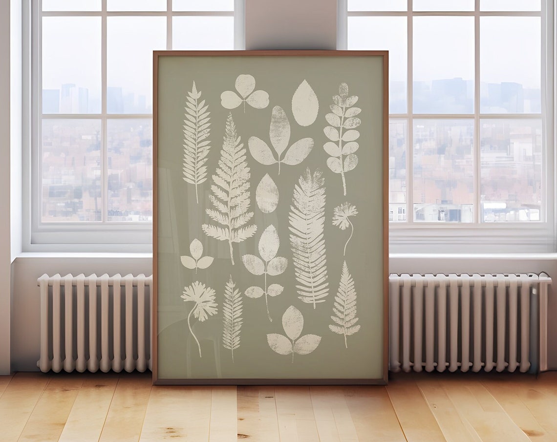 Vintage White Leaf Stamp Botanical Fern Sage Gray Art Poster - Image 2