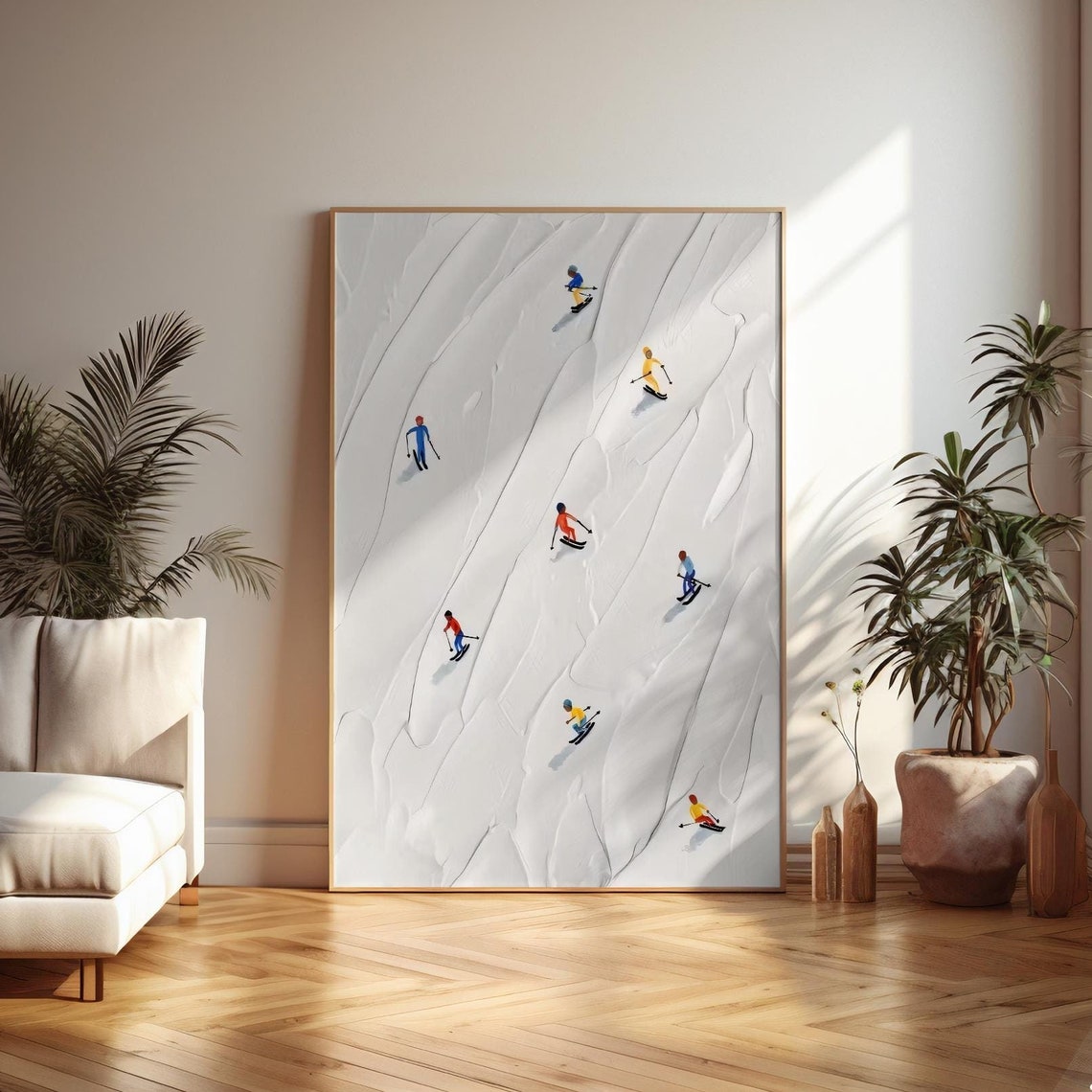 Minimalist Ski Slope White Snow Tiny Colorful Skiers Art Print - Image 3