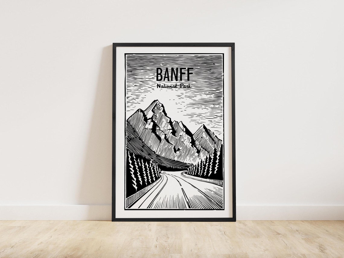 Banff National Park Mountain Road Woodcut Black White Art Poster