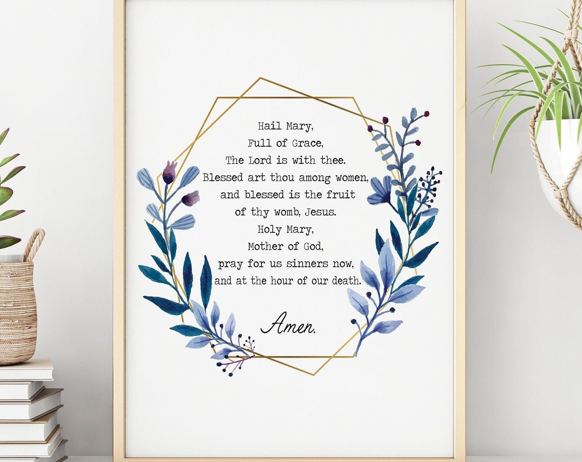 Hail Mary Prayer With Blue Floral Wreath Catholic Decor Poster