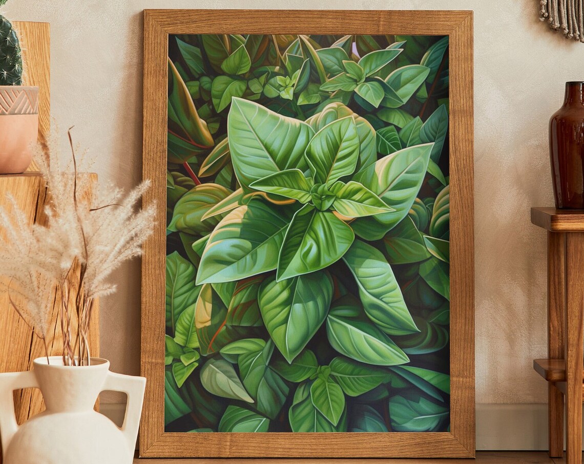 Lush Green Basil Leaves Oil Painting Style Botanical Herb Art Poster