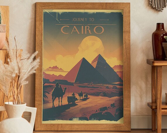 Journey To Cairo Vintage Poster Retro 1940s Egyptian Pyramids Art Print Travel Wall Decor Desert Camel Illustration Unique Gift