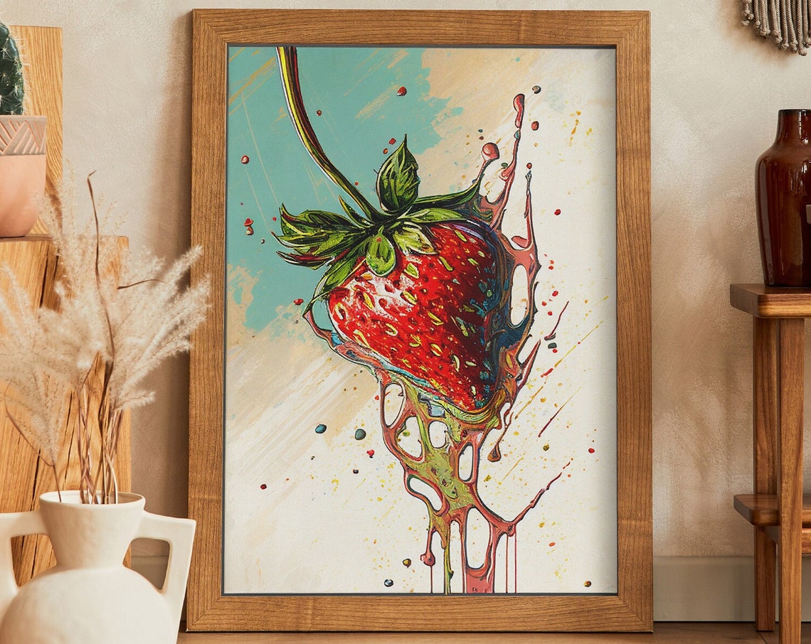 Abstract Paint Splash Strawberry With Dripping Color Art Poster