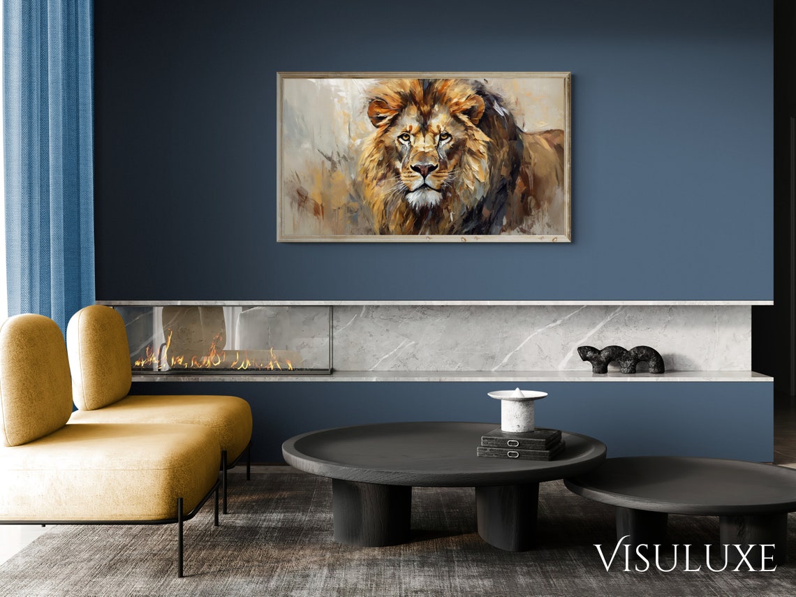 Majestic Lion Portrait Regal Mane Neutral Tones Oil Painting Wall Art - Image 3