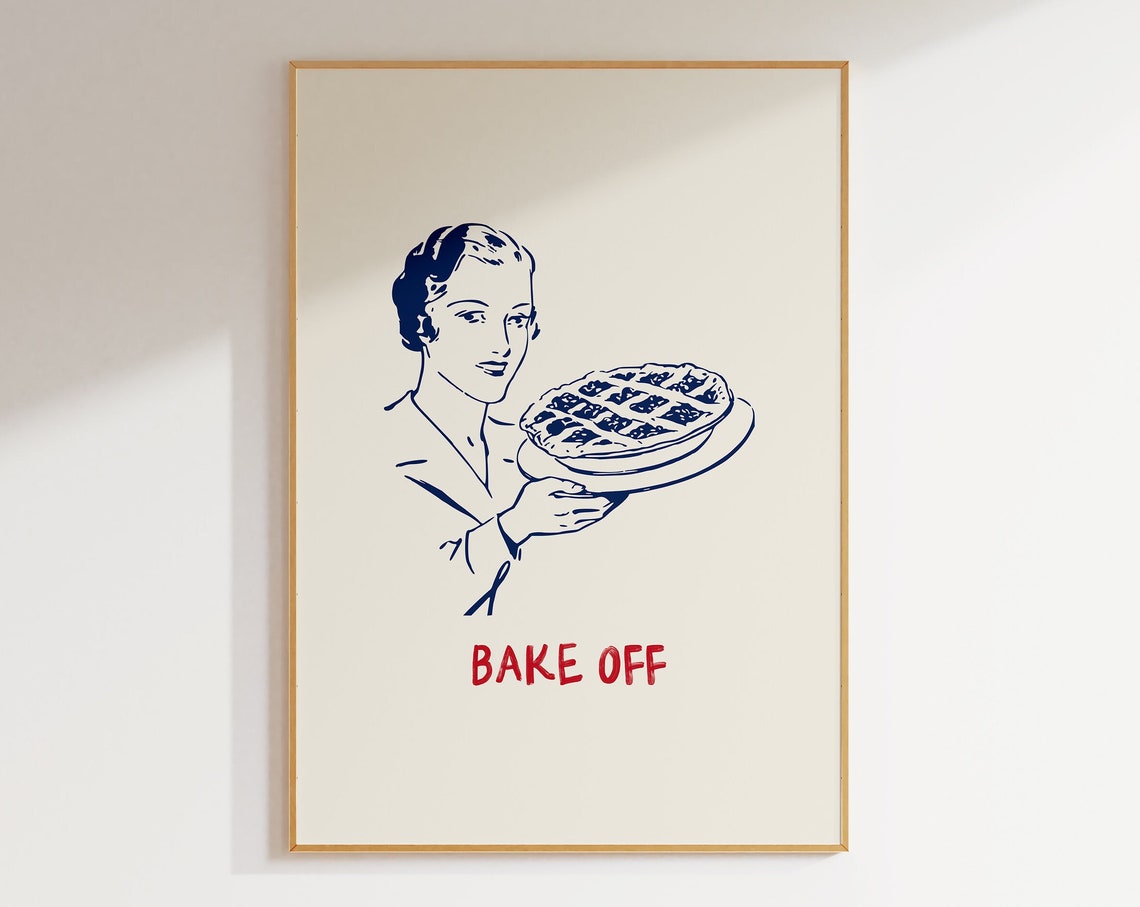 Bake Off Retro Line Art Woman Holding Pie Funny Kitchen Print
