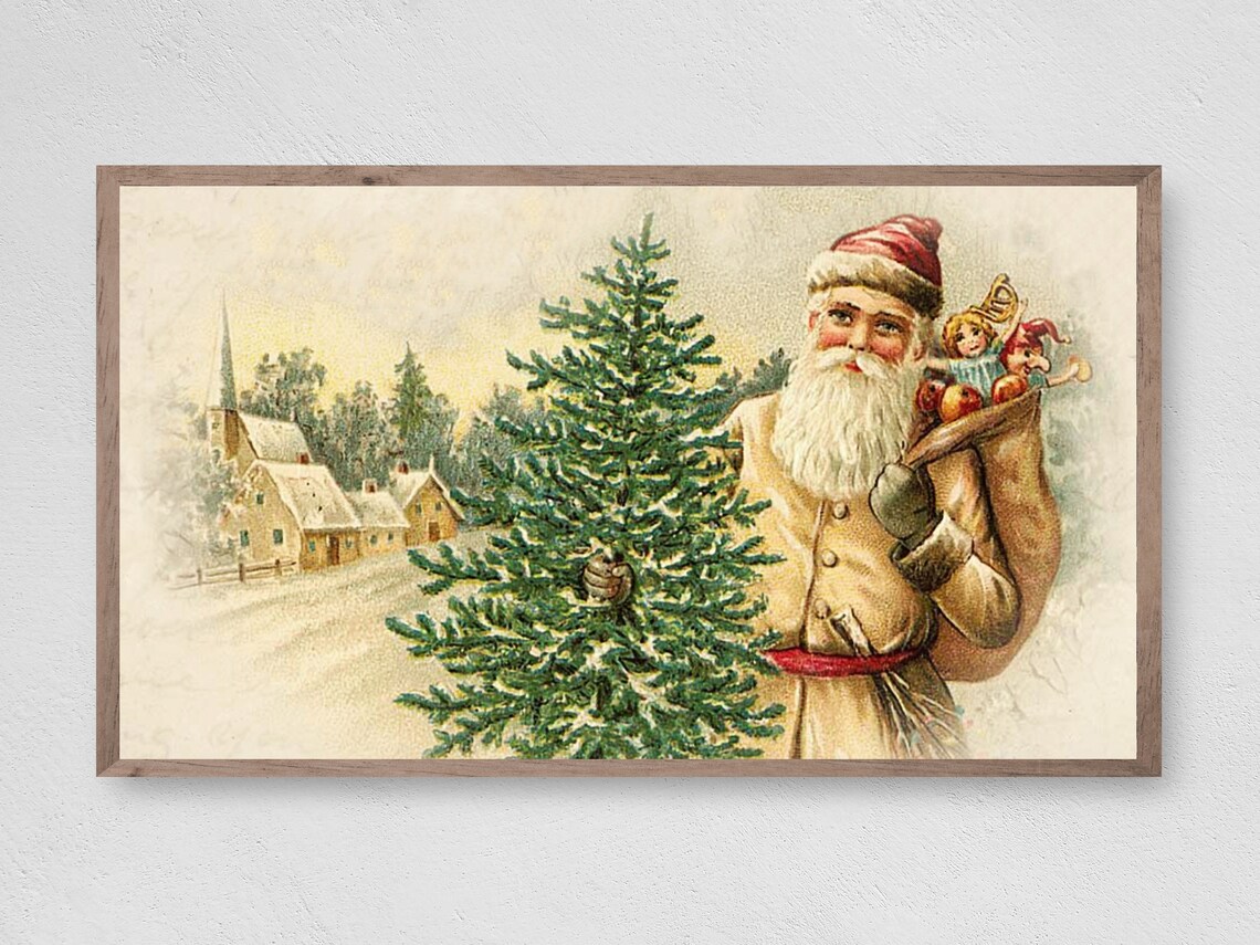 Vintage Santa Claus Christmas Tree Snowy Village Holiday Art Print