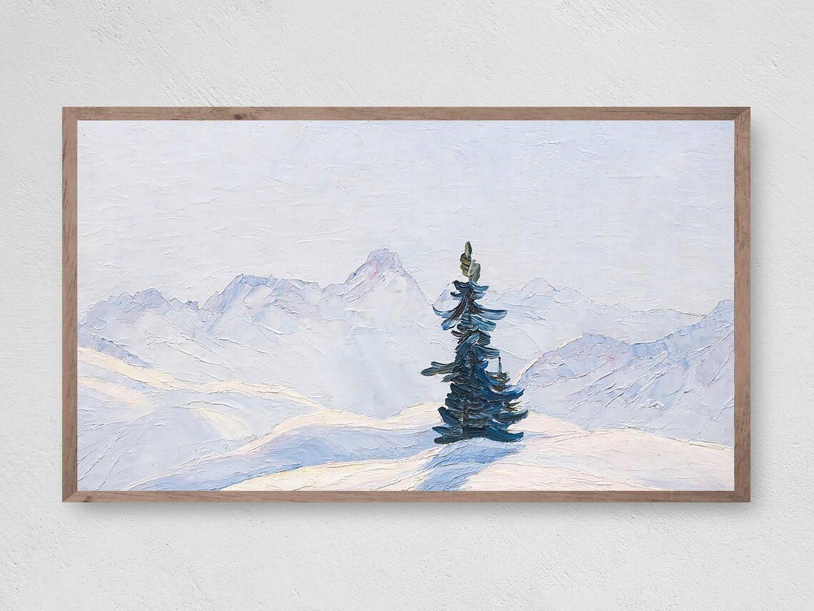 Lone Blue Pine Tree in Snowy Mountains Oil Painting Winter Poster