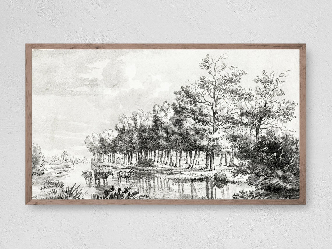 Cows By The River Black And White Pencil Sketch Vintage Country Print