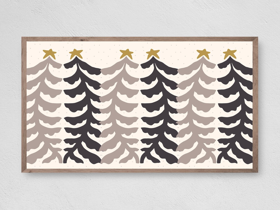 Minimalist Scandinavian Christmas Trees Gold Stars Holiday Art Print