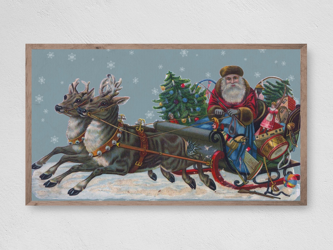 Vintage Santa Claus Sleigh Reindeer Toys Snowfall Christmas Art Print