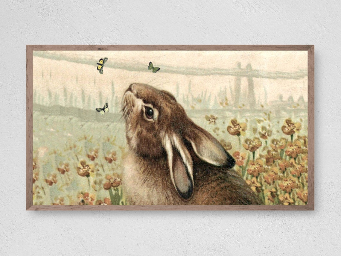 Vintage Bunny With Butterflies Spring Flower Meadow Easter Wall Art