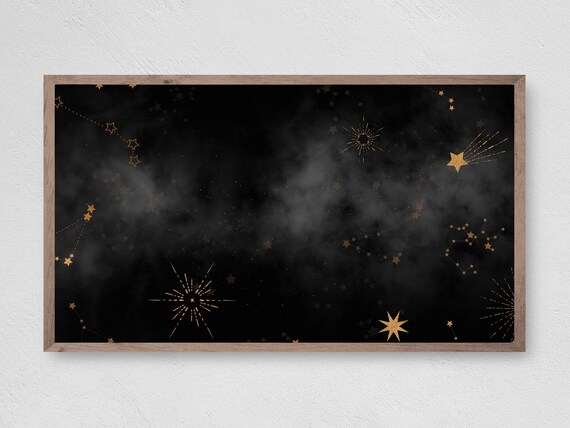 Gold Stars Constellations Black Night Sky Celestial Zodiac Cosmic Wall Art