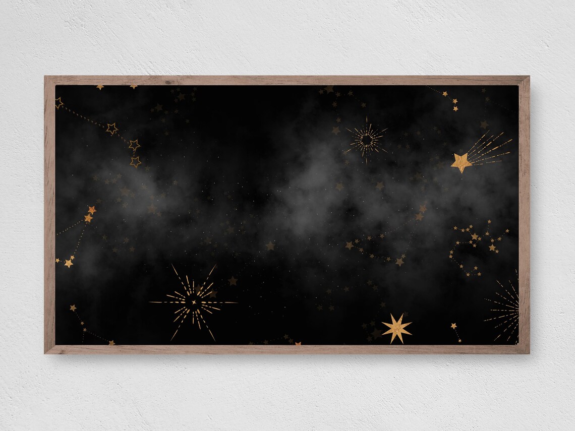 Gold Stars Constellations Black Night Sky Celestial Zodiac Cosmic Wall Art
