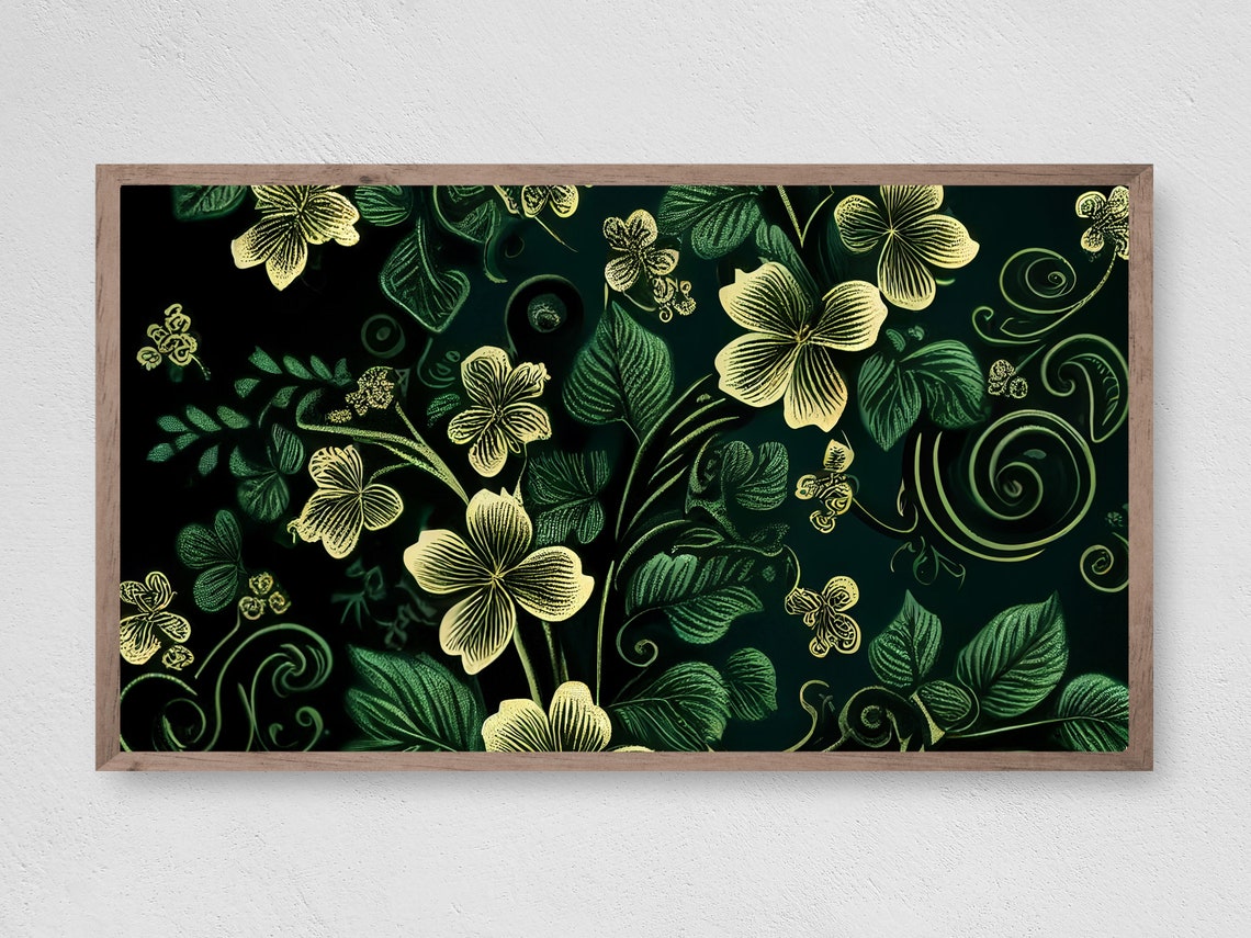 St Patricks Day Gold Shamrock Dark Botanical Clover Art Print