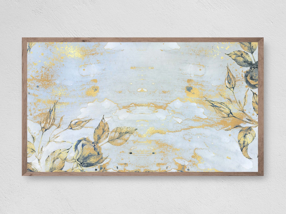 Pale Blue and Gold Rose Botanical Abstract Elegant Art Poster