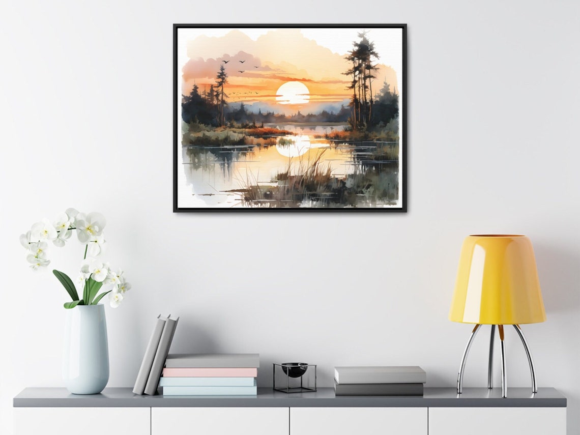 Watercolor Sunrise Over a Peaceful Wetland Pond With Pine Trees Poster - Image 4