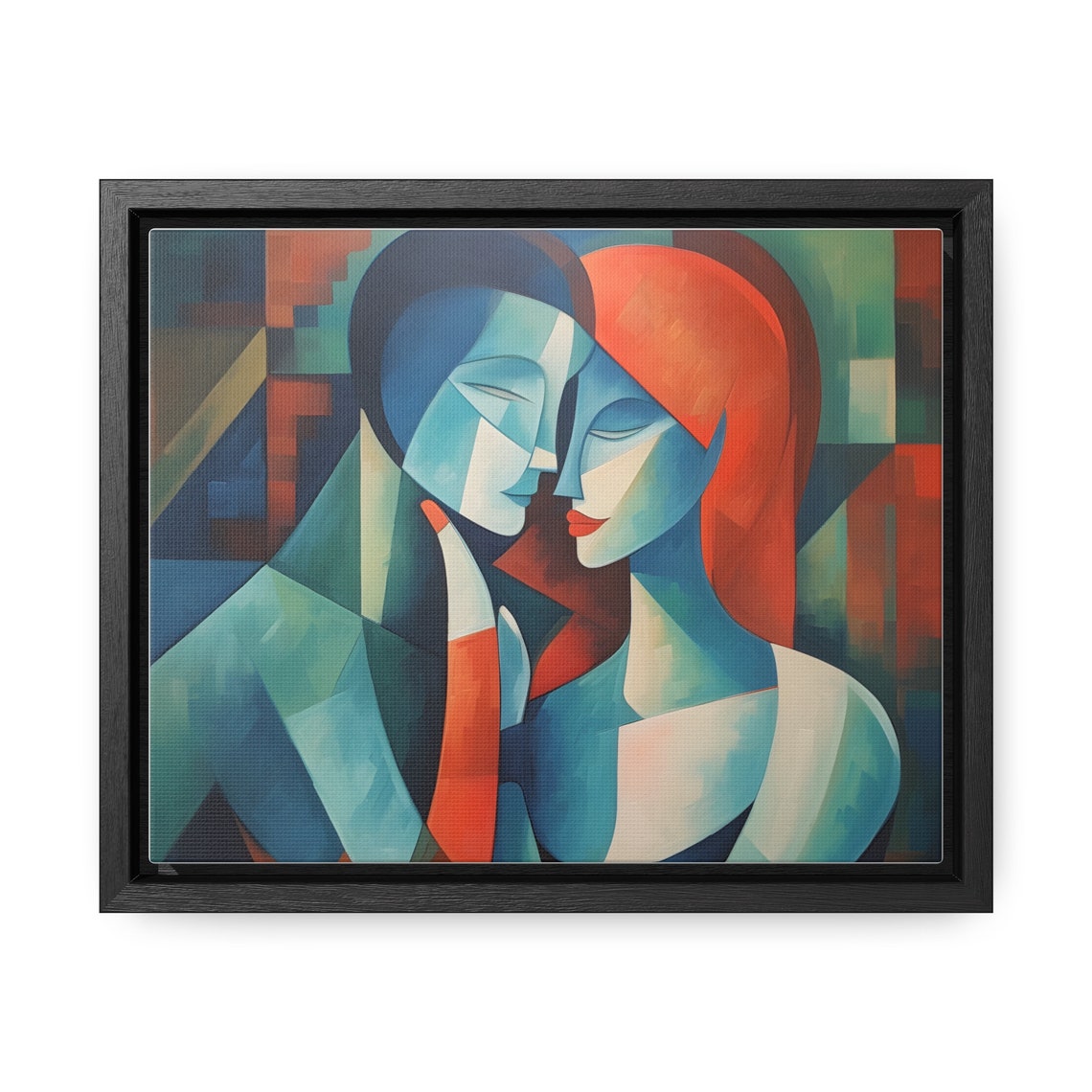Abstract Tender Embrace of Two Lovers in Cubist Blue and Red Wall Art