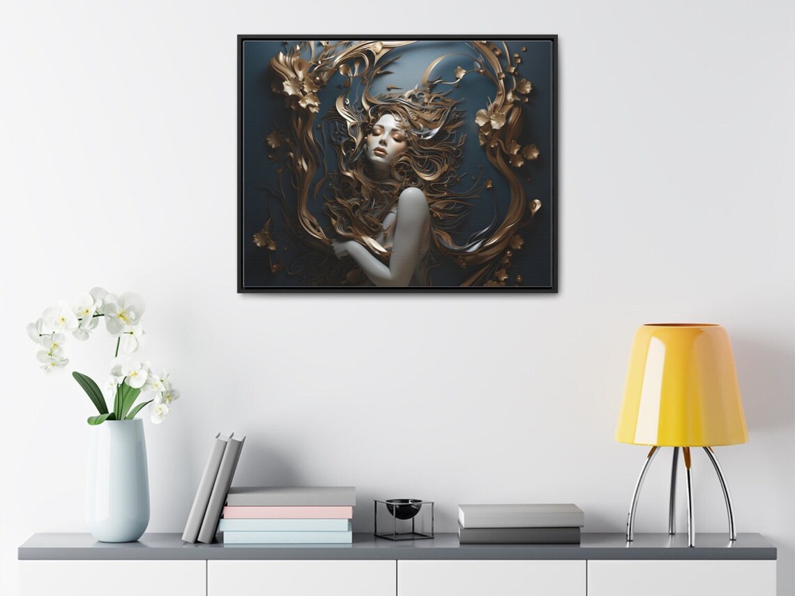 Golden Swirl Fantasy Woman Portrait Metallic 3D Floral Poster - Image 3