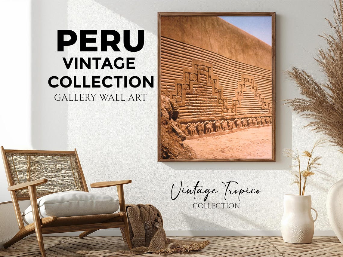 Chimu Adobe Ruins Carved Relief Wall Geometric Frieze Vintage Poster