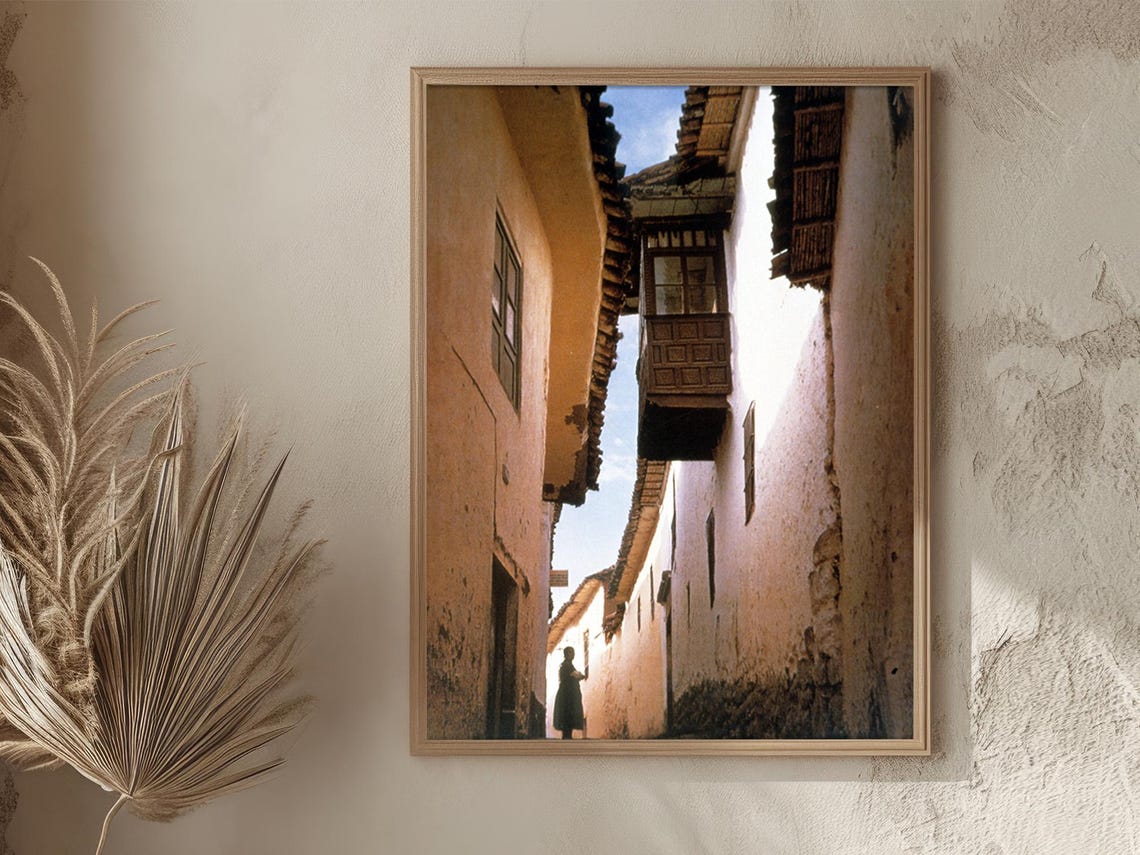 Peru Cusco Colonial Alley Wooden Balcony Vintage Street Scene Poster