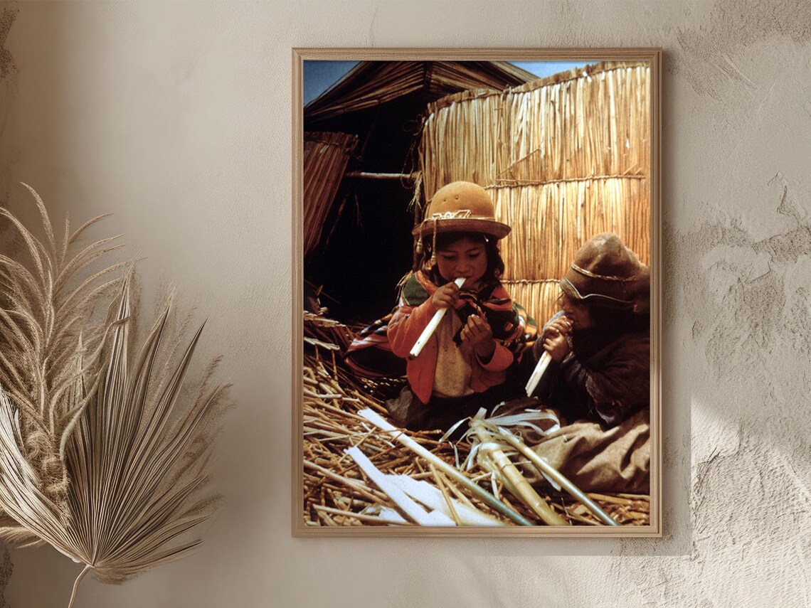 Bolivia Uros Children Playing Reed Flutes Lake Titicaca Vintage Poster