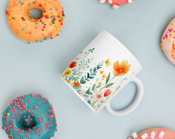 Floral Design Coffee Mug Colorful Wildflowers And Butterflies Illustration 11oz Ceramic Mug