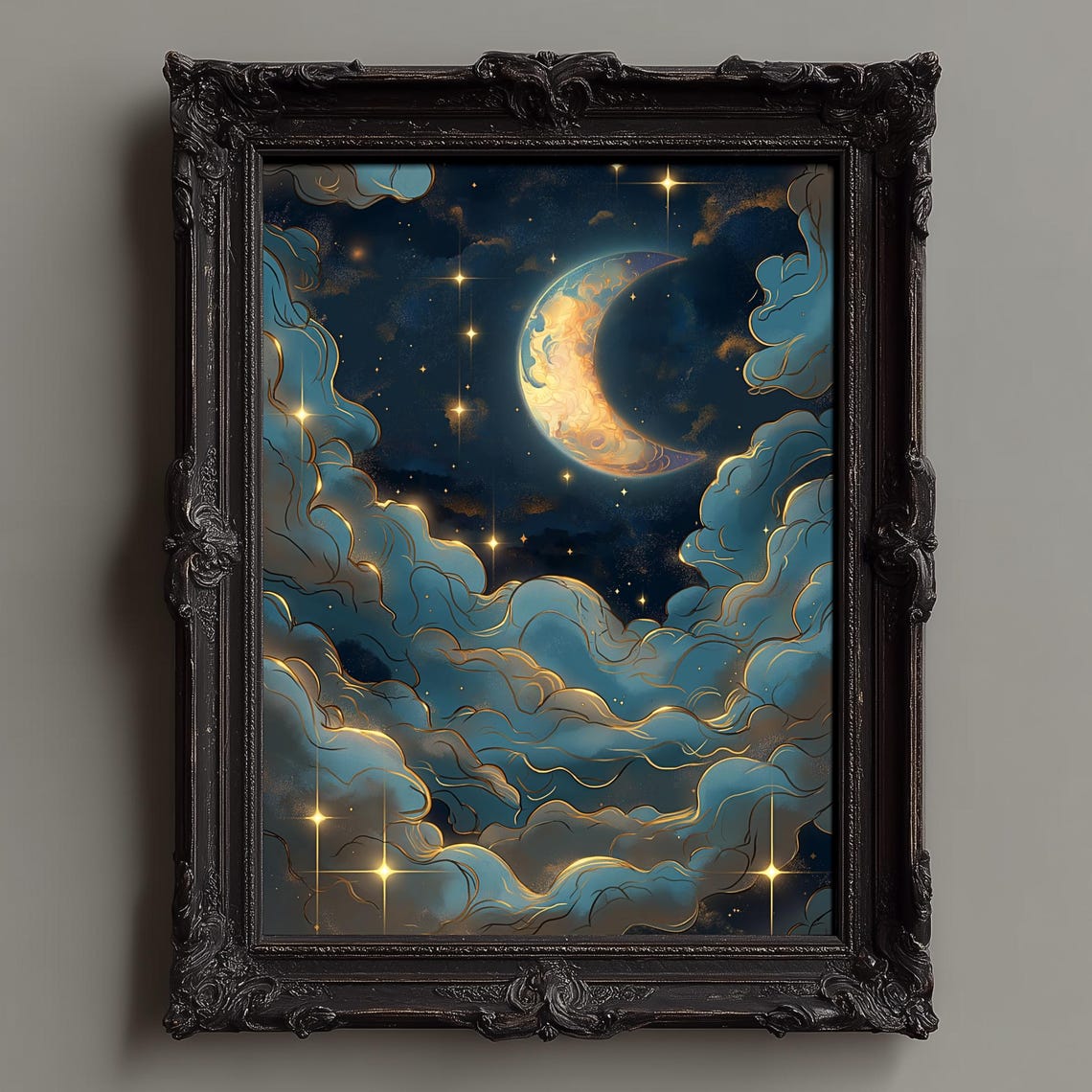 Golden Crescent Moon Glowing Among Starry Blue Clouds Poster