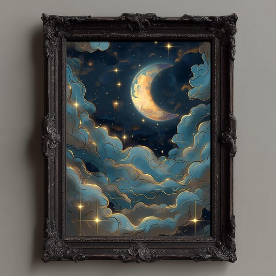 Golden Crescent Moon Glowing Among Starry Blue Clouds Poster