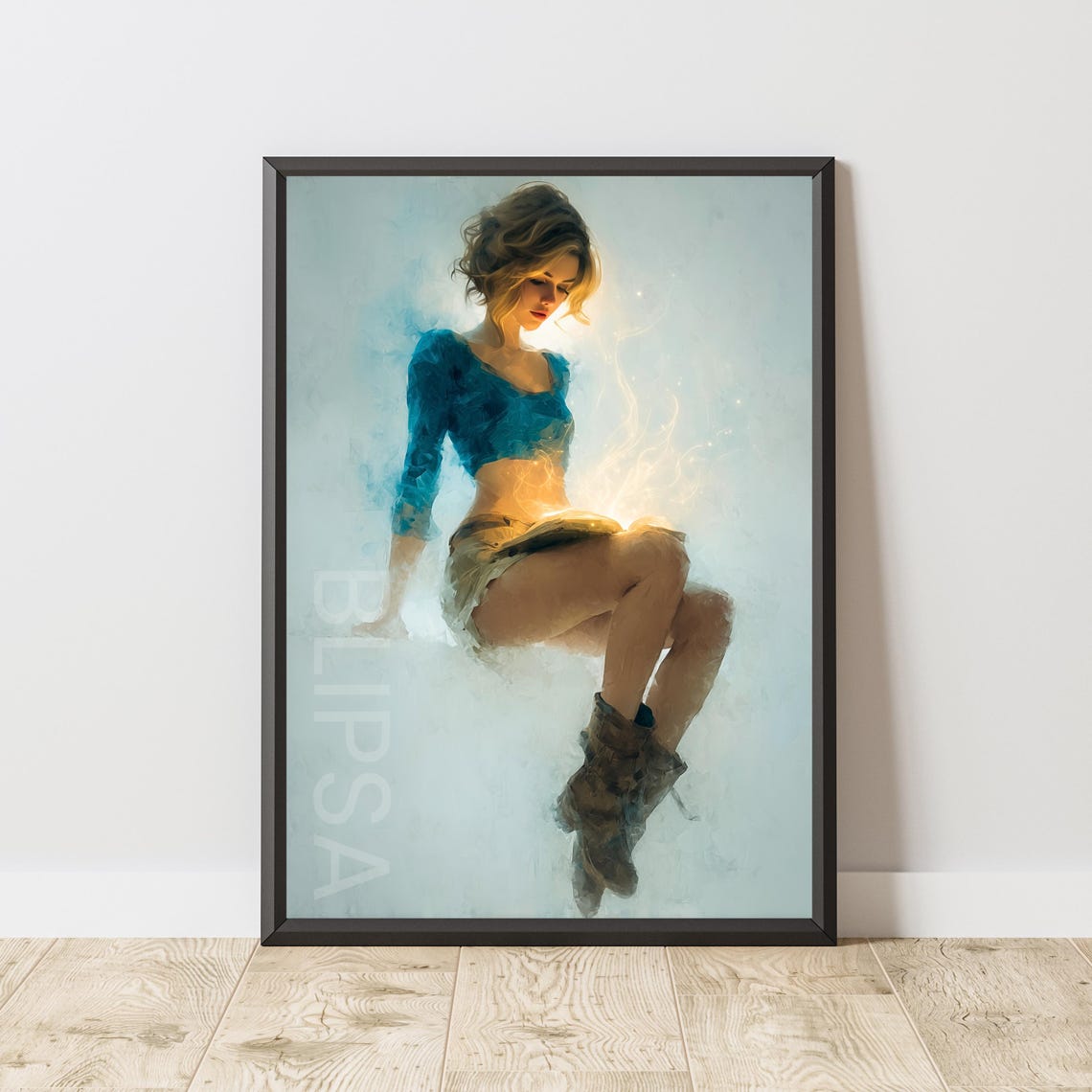 Magical Girl with Glowing Book Dreamy Fantasy Illustration Poster