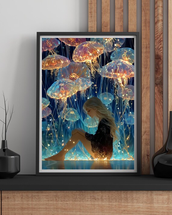 Blonde Girl Among Glowing Jellyfish Deep Underwater Dream Print