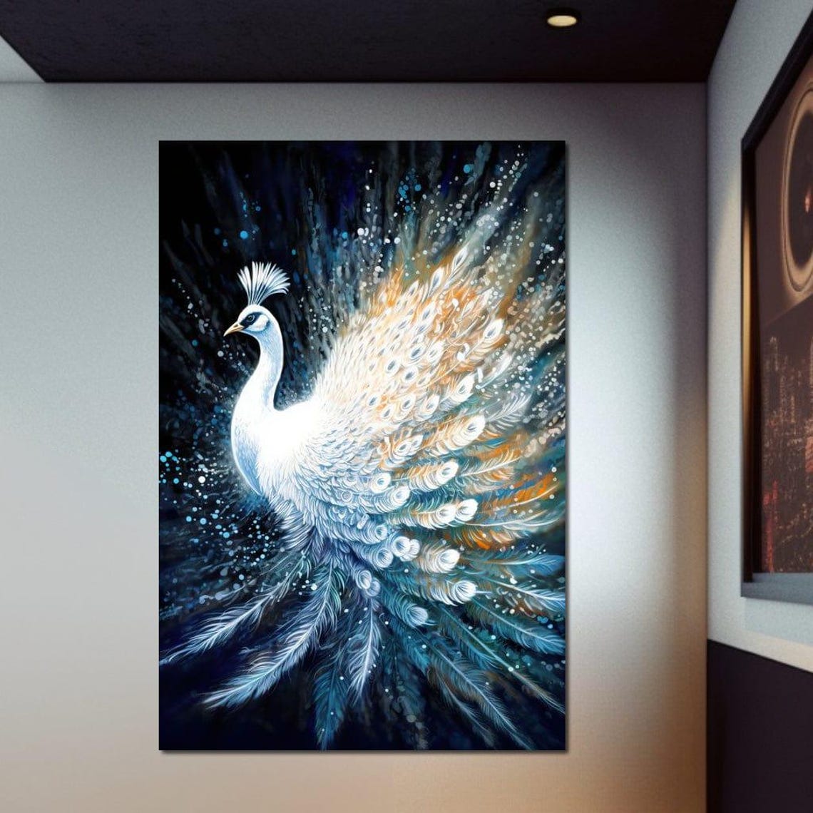 White Peacock Spread Wings Blue Gold Feathers Night Sparkle Art Poster - Image 2