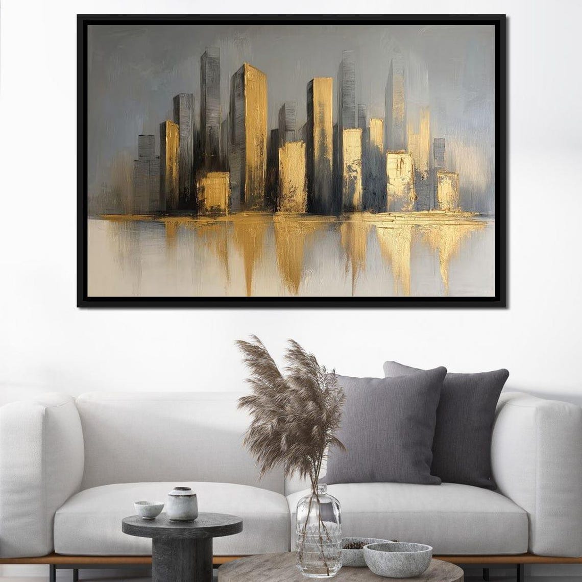 Golden Gray City Skyline Water Reflections Abstract Urban Decor Poster - Image 3