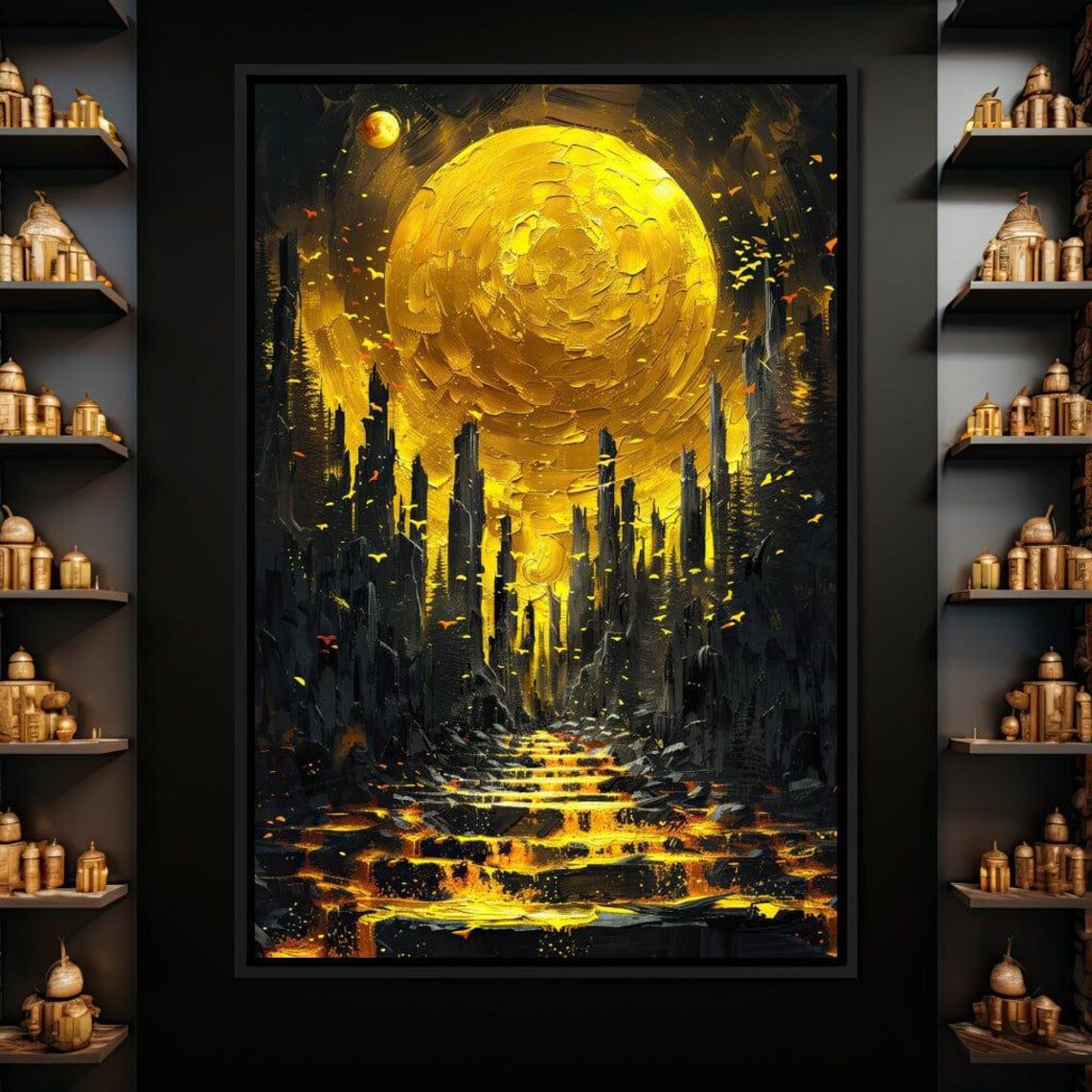 Golden Moon Dark Fantasy Landscape Monoliths Mystical Surreal Poster
