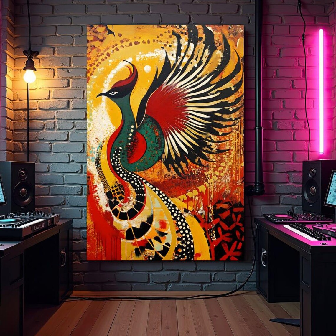 Vibrant Red And Green Phoenix Rising Through Golden Flames Art Print - Image 3