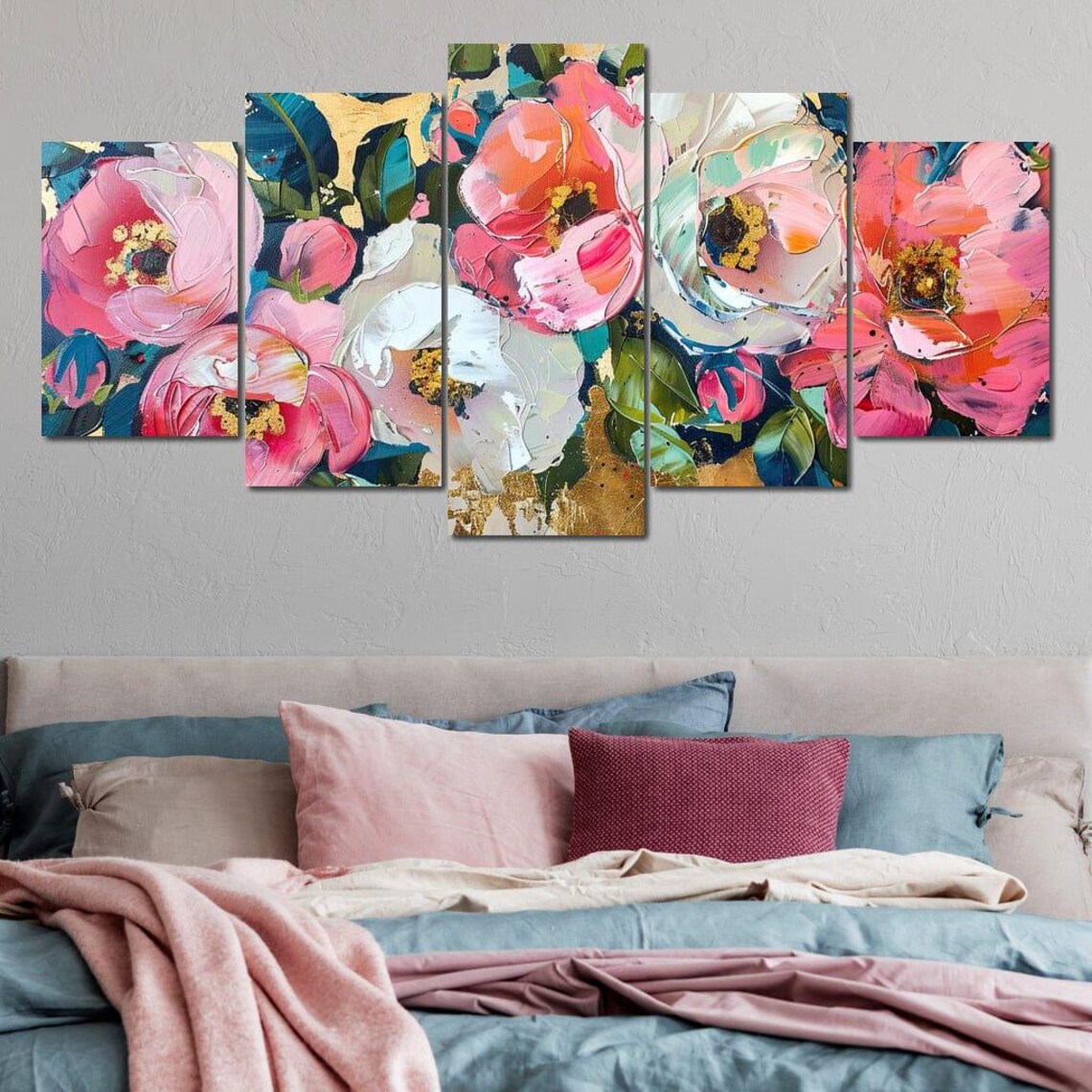 Pink Coral White Peonies Flowers Gold Leaf Background Floral Poster - Image 4