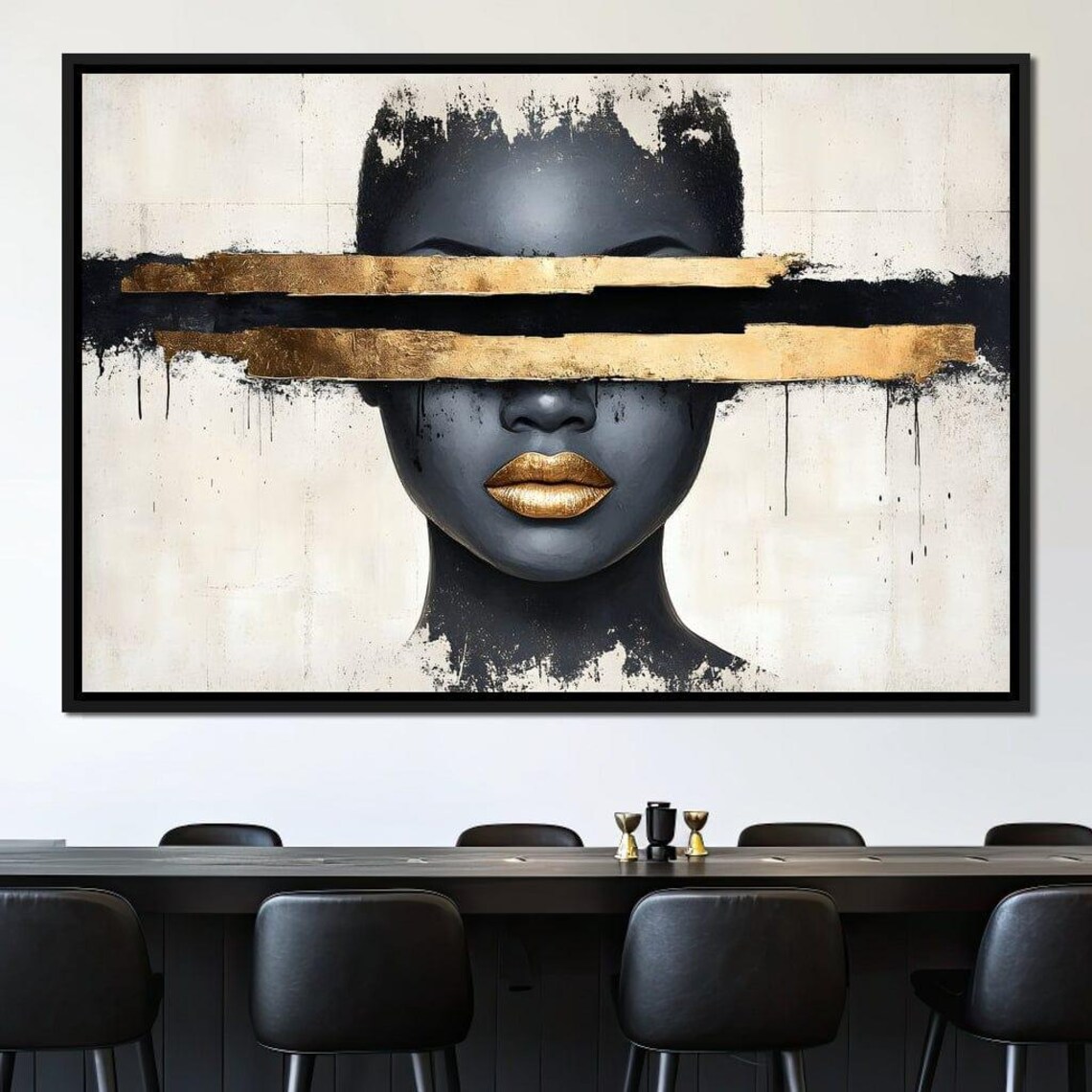 Mysterious Dark Portrait with Gold Leaf Lips Minimalist Poster - Image 2