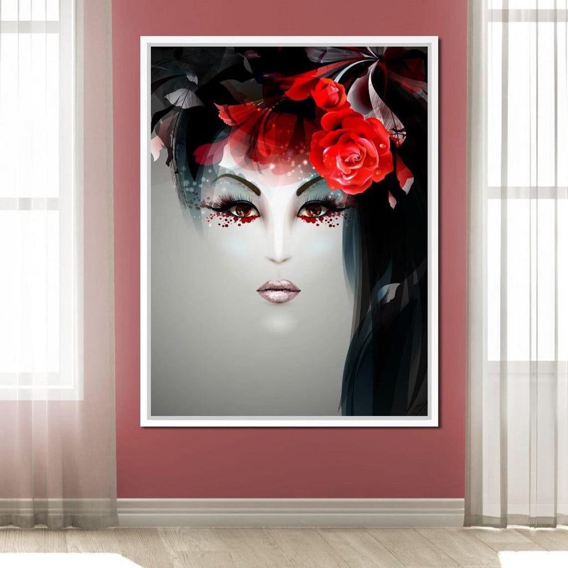 Geisha Rose Noir Dramatic Red Black Asian Beauty Portrait Wall Art