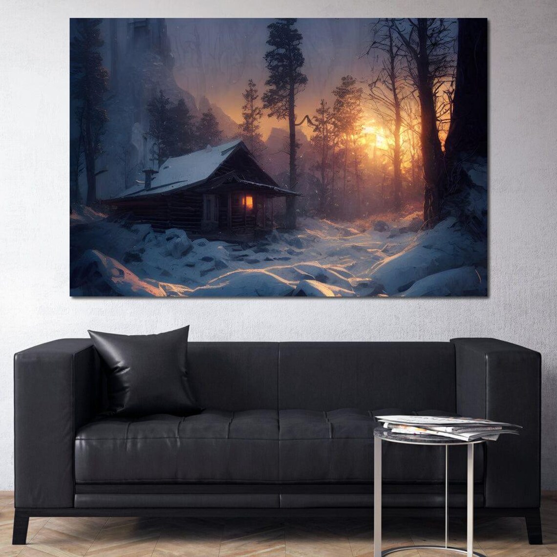 Snowy Log Cabin Winter Forest Sunset Cozy Woodland Travel Poster - Image 4