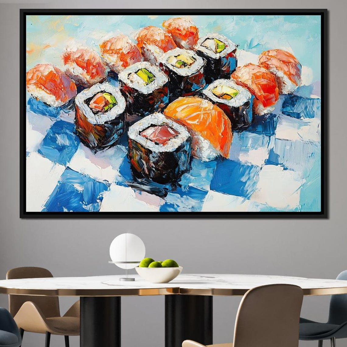 Sushi Maki Rolls Salmon Nigiri Blue Checkered Impasto Kitchen Poster - Image 4