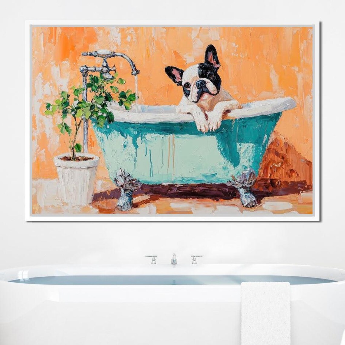 French Bulldog Bath Time Blue Tub Orange Wall Cute Pet Art Poster