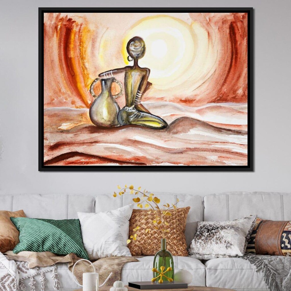 African Woman With Clay Jug Desert Sunset Watercolor Warm Tones Poster