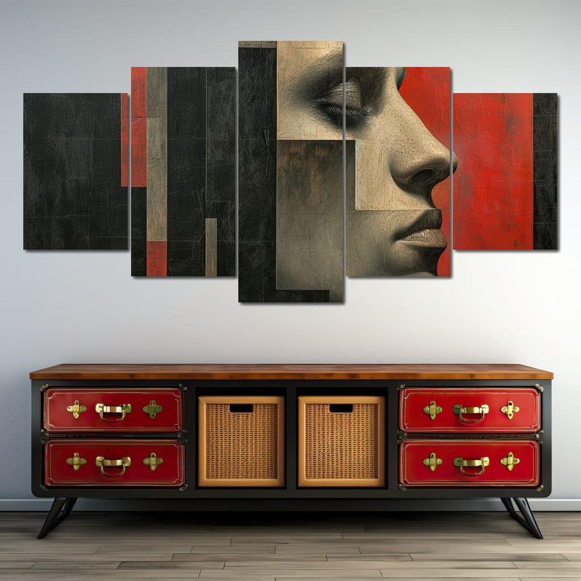Fragmented Serenity Contrast Abstract Modern Portrait Red Black Geometric Art Minimalist Decor Visual Harmony By Nichecanvas - Image 4