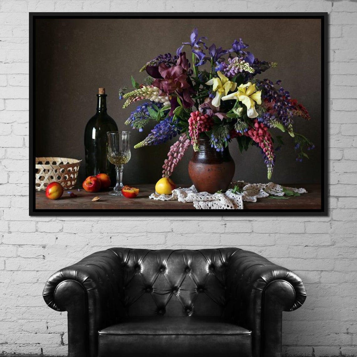 Purple Iris Lupine Still Life Wine Bottle Fruit Photo Wall Print - Image 3