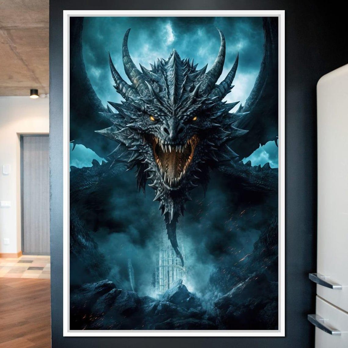 Fierce Blue Dragon Dark Fantasy Head Smoky Mystical Gothic Wall Art - Image 4