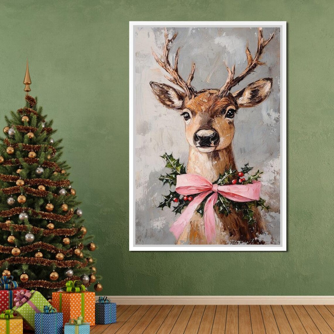 Christmas Reindeer Pink Bow Holly Wreath Festive Winter Wall Art Print - Image 2