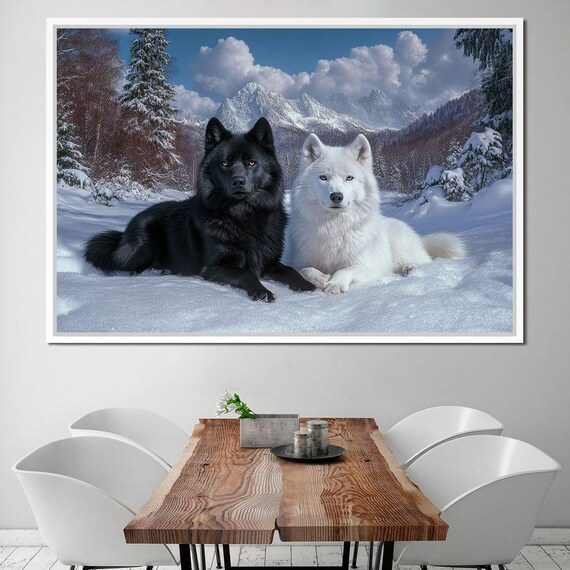 Black And White Huskies Snowy Mountain Winter Scene Wildlife Art Poster